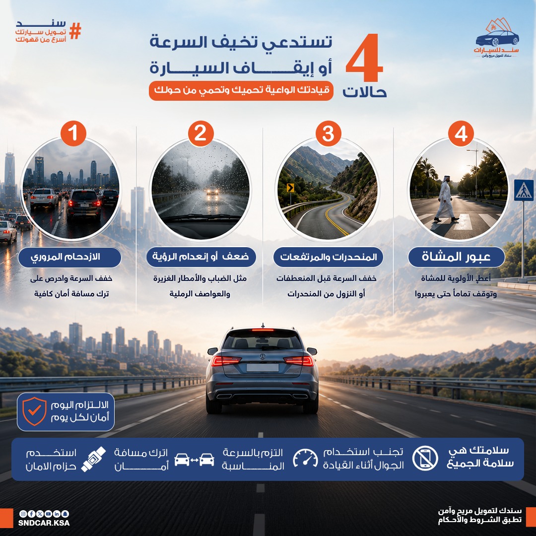 4 حالات تستدعي تخفيف السرعة أو إيقاف السيارة.. تعرف عليها لتقود بأمان
